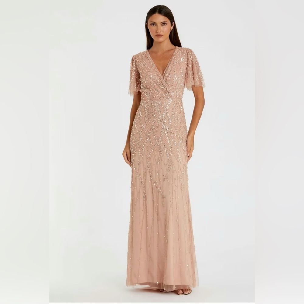 Mac Duggal Women’s Nude/Pink Embellished Flutter Sleeve Gown Dress Size 4